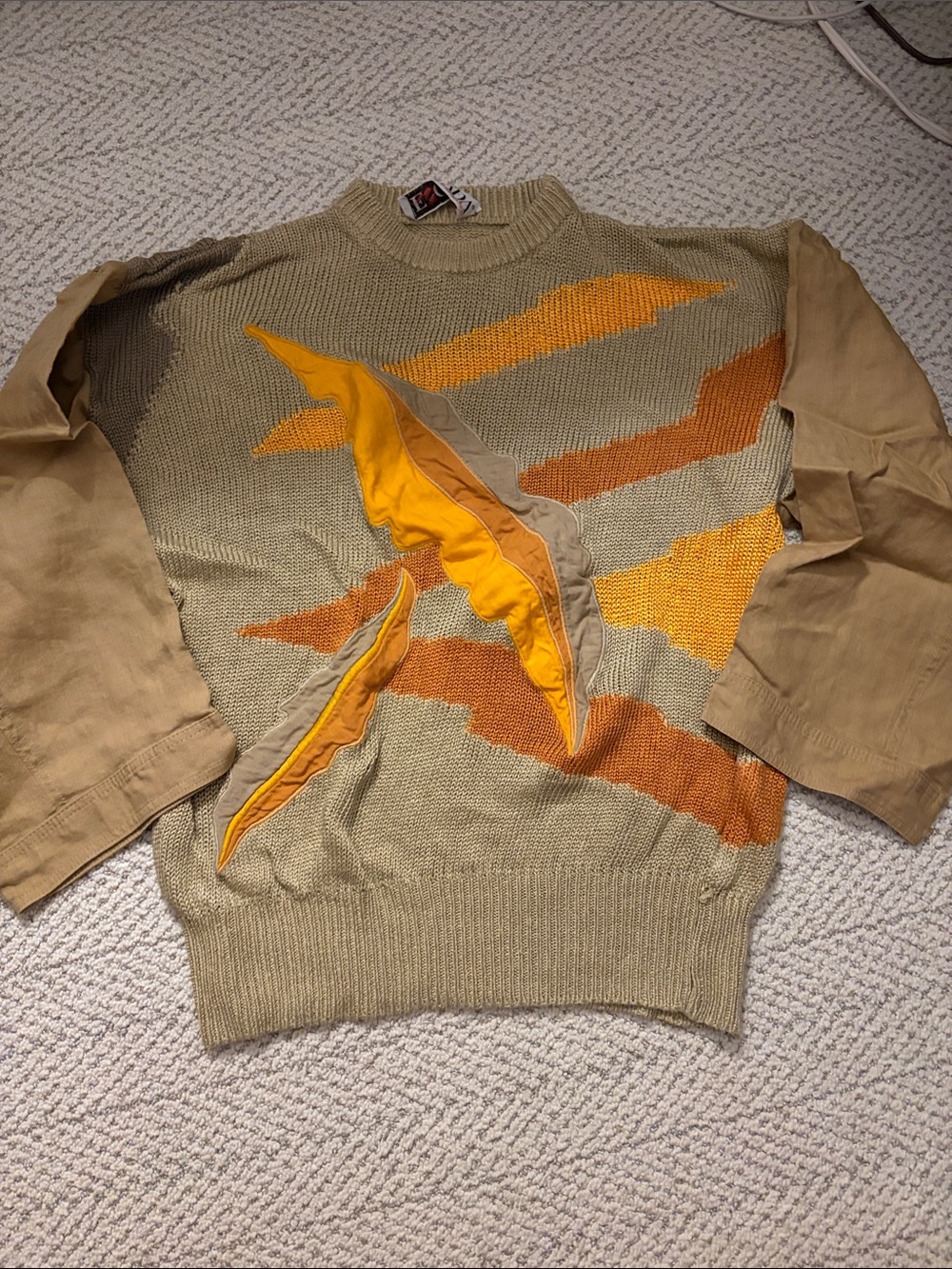 Escada Crewneck Sweater in Tan with Orange and Yellow Accents